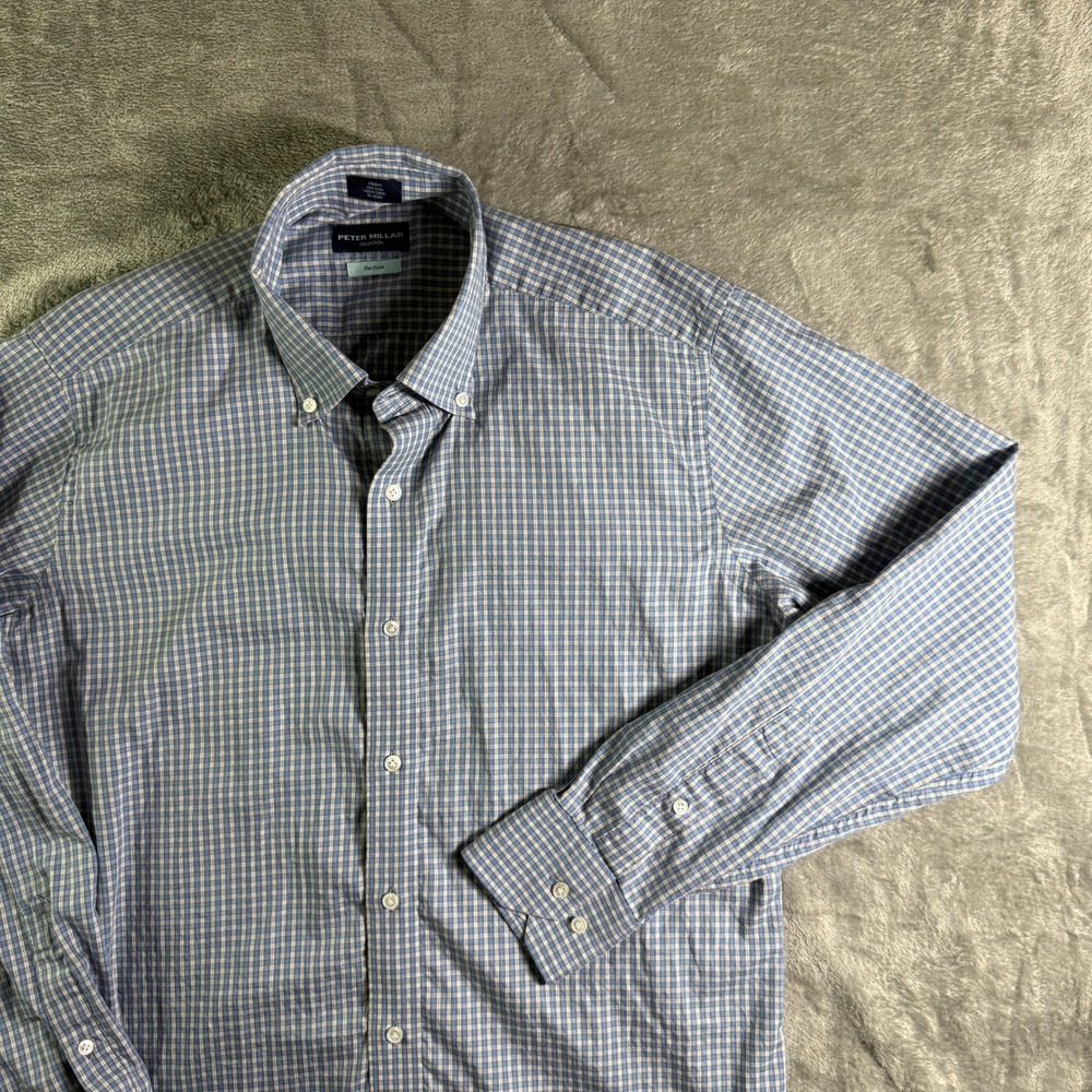 Peter Millar Button Down Shirt Flex Finish Plaid Checkered Blue Medium